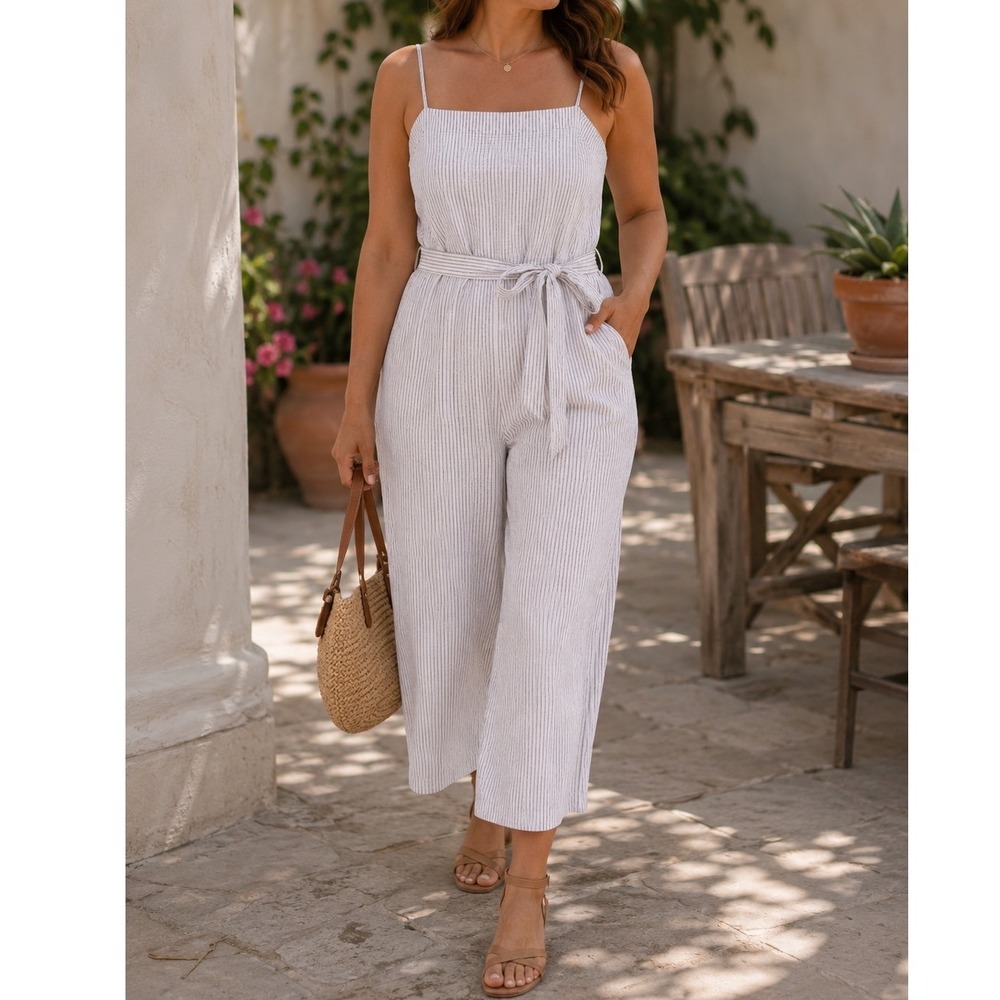 Banana Republic Cotton/Linen Wide Leg Cropped Jumpsuit White Navy Stripe Size 10